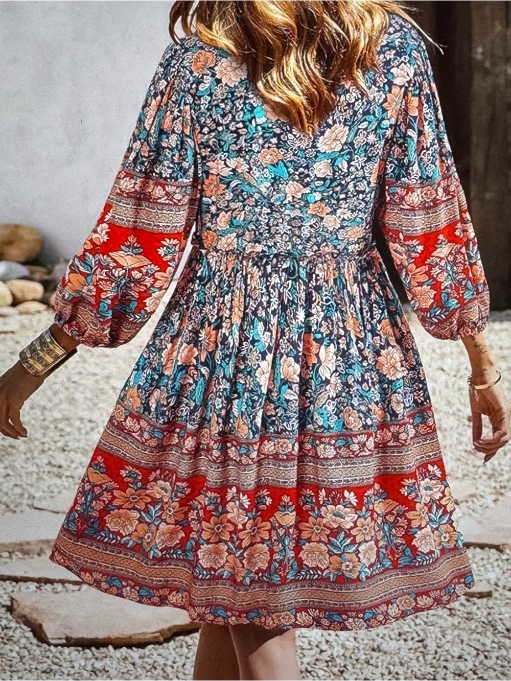 Boho Floral Tiered Dress in Red and Teal